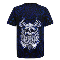 Vikings Skull Rugby Jersey with Horned Helmet, Blue Axes and Runes Norse Warrior Tribute - Wonder Print Shop