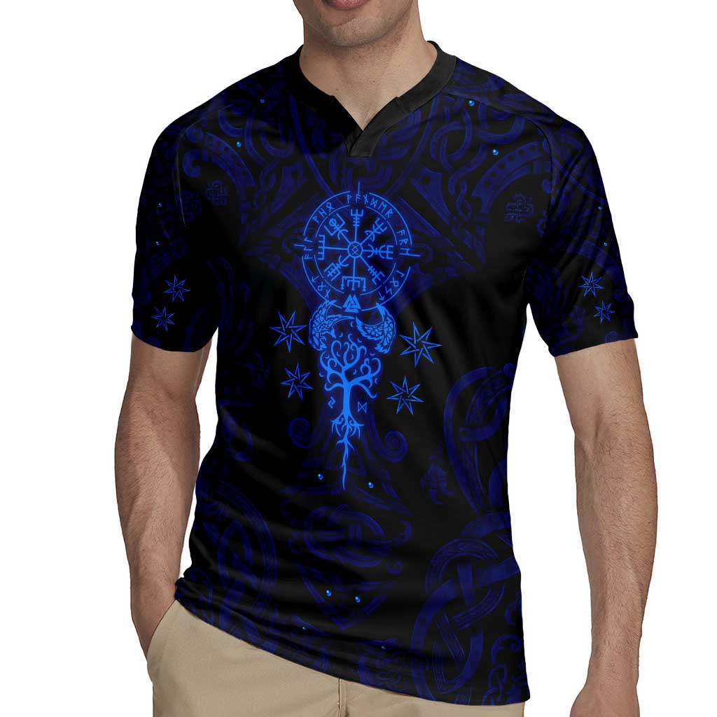 Vikings Skull Rugby Jersey with Horned Helmet, Blue Axes and Runes Norse Warrior Tribute - Wonder Print Shop