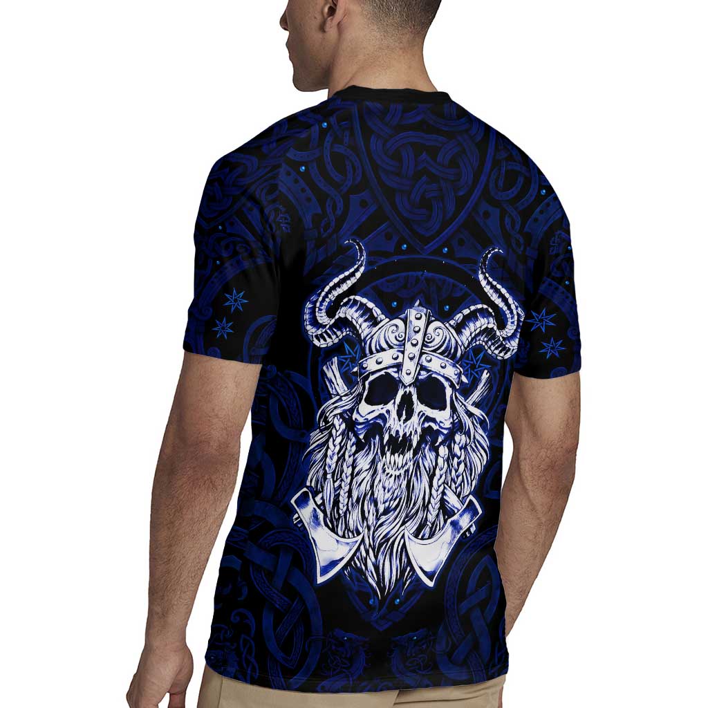 Vikings Skull Rugby Jersey with Horned Helmet, Blue Axes and Runes Norse Warrior Tribute - Wonder Print Shop