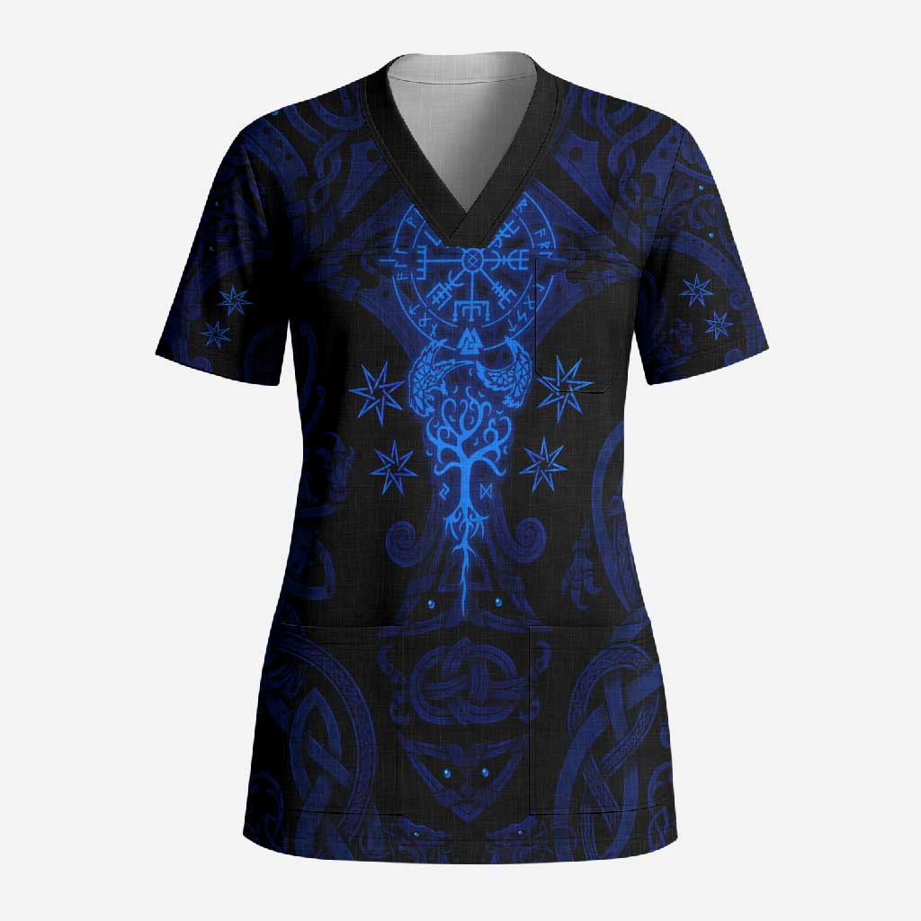 Vikings Skull Scrub Top with Horned Helmet, Blue Axes and Runes Norse Warrior Tribute - Wonder Print Shop