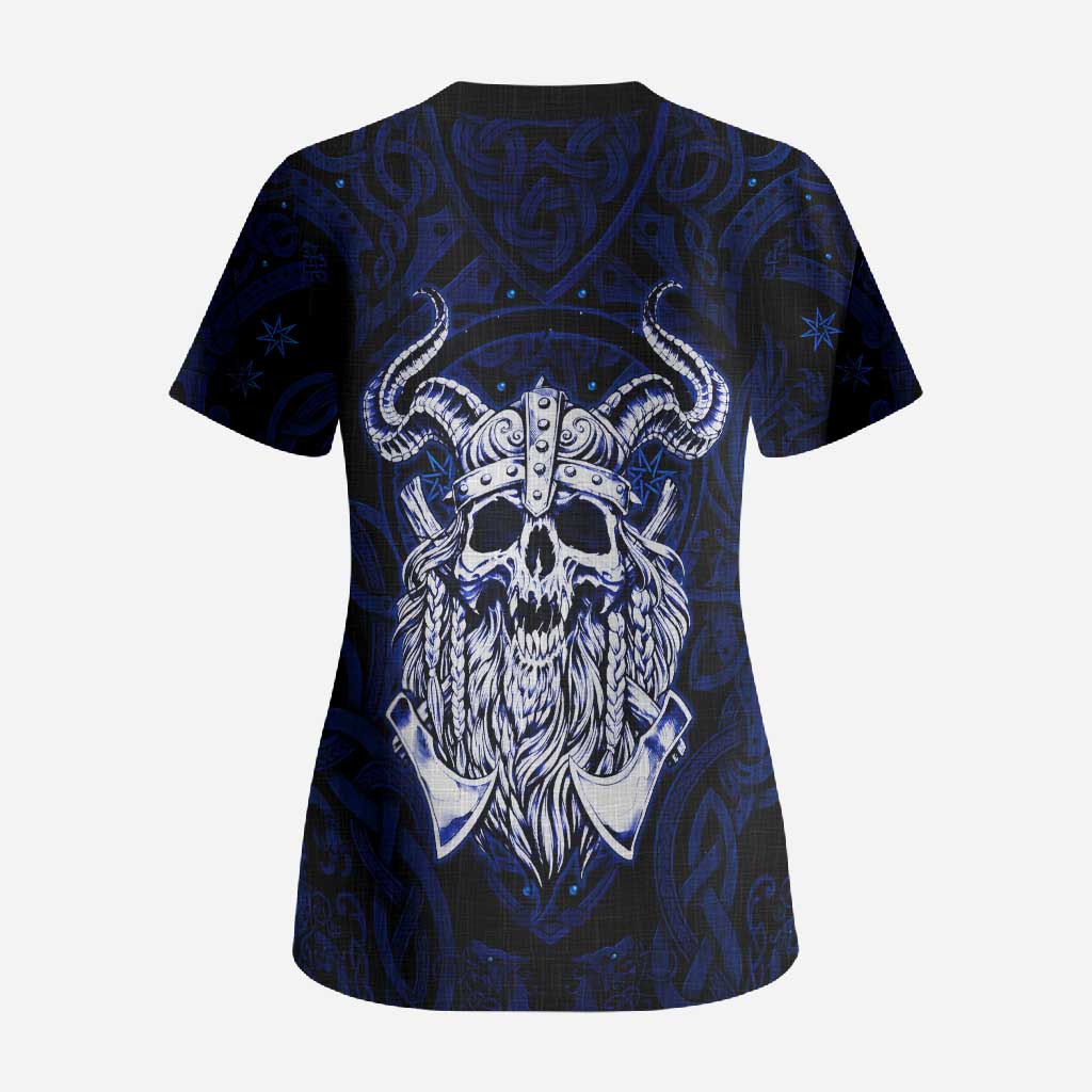 Vikings Skull Scrub Top with Horned Helmet, Blue Axes and Runes Norse Warrior Tribute - Wonder Print Shop