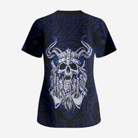 Vikings Skull Scrub Top with Horned Helmet, Blue Axes and Runes Norse Warrior Tribute - Wonder Print Shop
