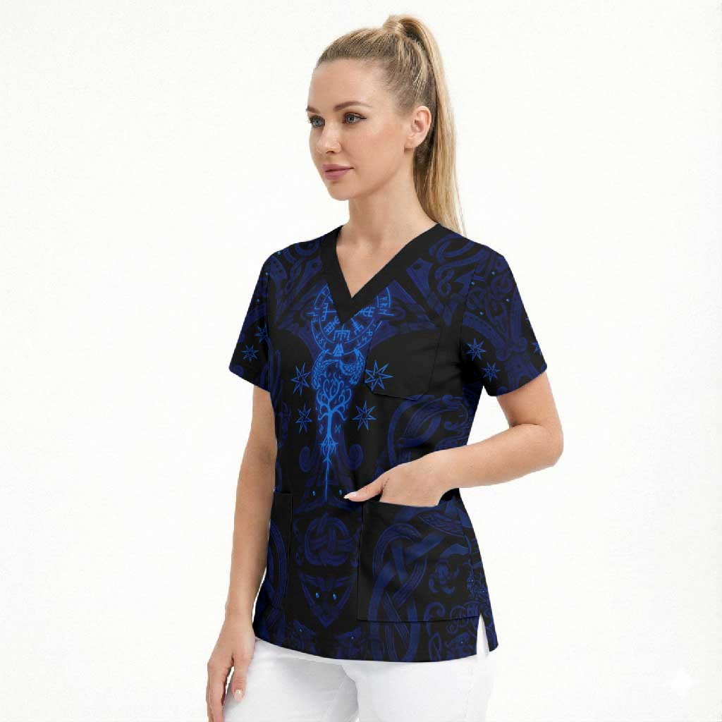 Vikings Skull Scrub Top with Horned Helmet, Blue Axes and Runes Norse Warrior Tribute - Wonder Print Shop