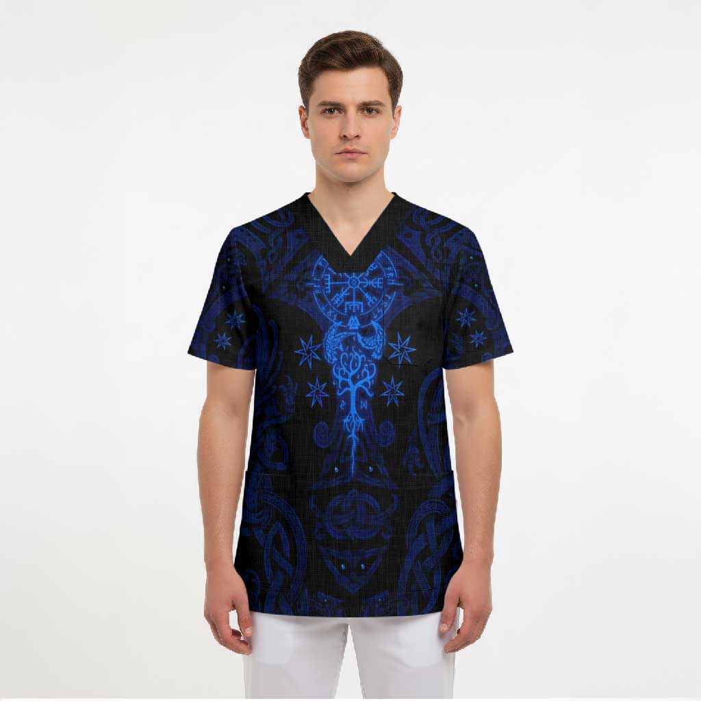 Vikings Skull Scrub Top with Horned Helmet, Blue Axes and Runes Norse Warrior Tribute - Wonder Print Shop