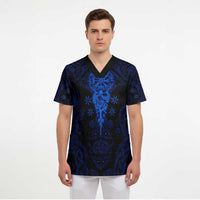 Vikings Skull Scrub Top with Horned Helmet, Blue Axes and Runes Norse Warrior Tribute - Wonder Print Shop