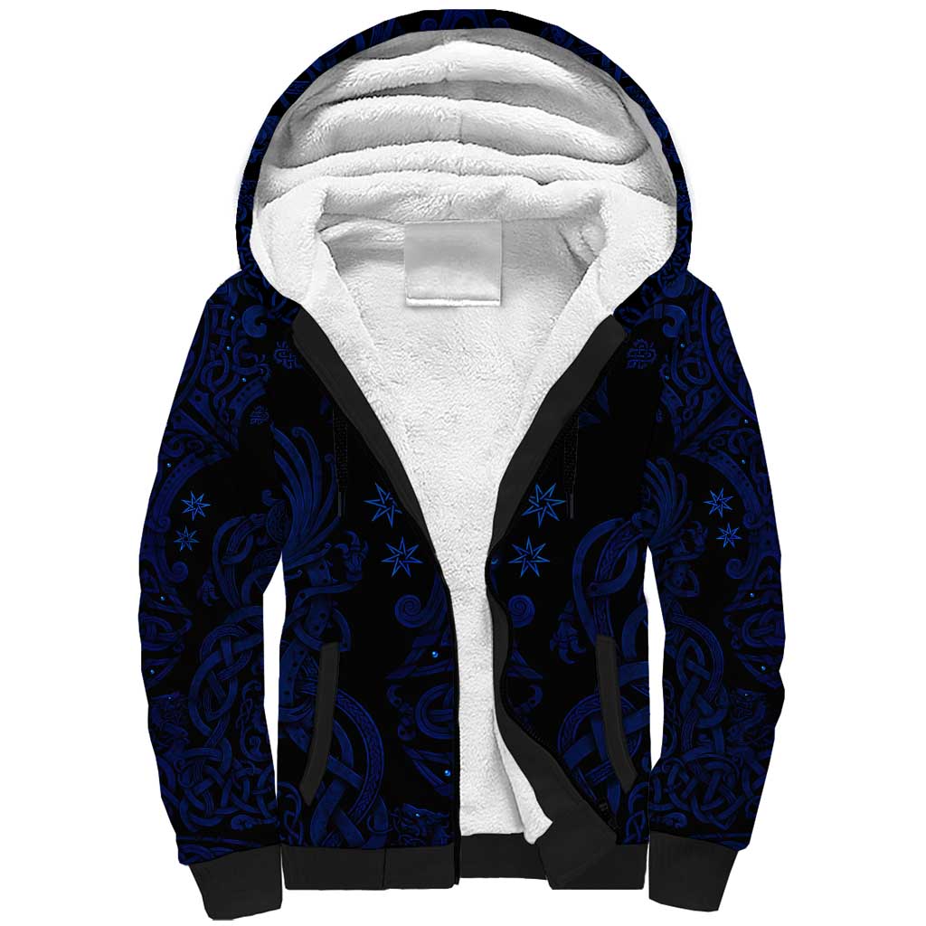 Vikings Skull Sherpa Hoodie with Horned Helmet, Blue Axes and Runes Norse Warrior Tribute - Wonder Print Shop