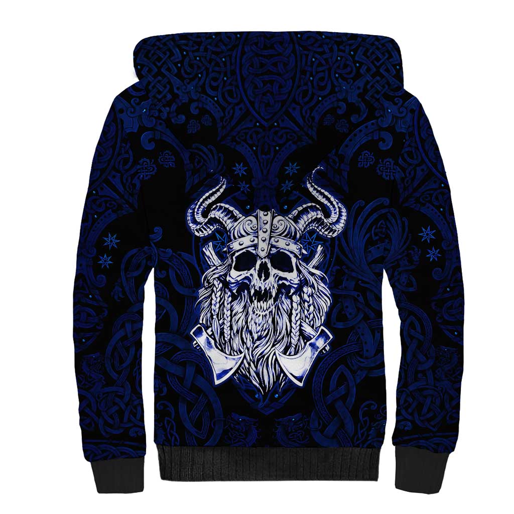 Vikings Skull Sherpa Hoodie with Horned Helmet, Blue Axes and Runes Norse Warrior Tribute - Wonder Print Shop