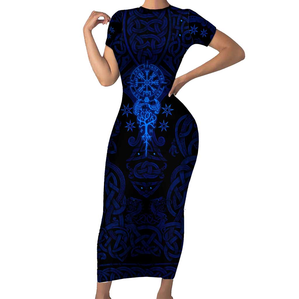 Vikings Skull Short Sleeve Bodycon Dress with Horned Helmet, Blue Axes and Runes Norse Warrior Tribute - Wonder Print Shop