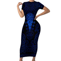 Vikings Skull Short Sleeve Bodycon Dress with Horned Helmet, Blue Axes and Runes Norse Warrior Tribute - Wonder Print Shop