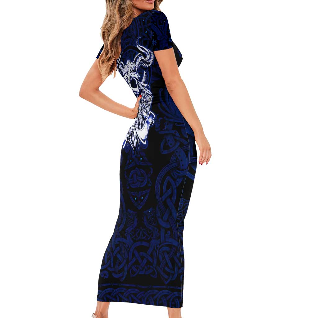 Vikings Skull Short Sleeve Bodycon Dress with Horned Helmet, Blue Axes and Runes Norse Warrior Tribute - Wonder Print Shop