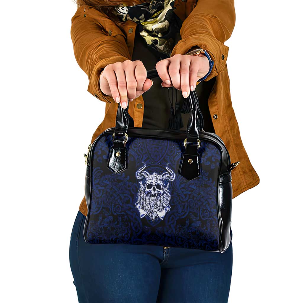 Vikings Skull Shoulder Handbag with Horned Helmet, Blue Axes and Runes Norse Warrior Tribute - Wonder Print Shop