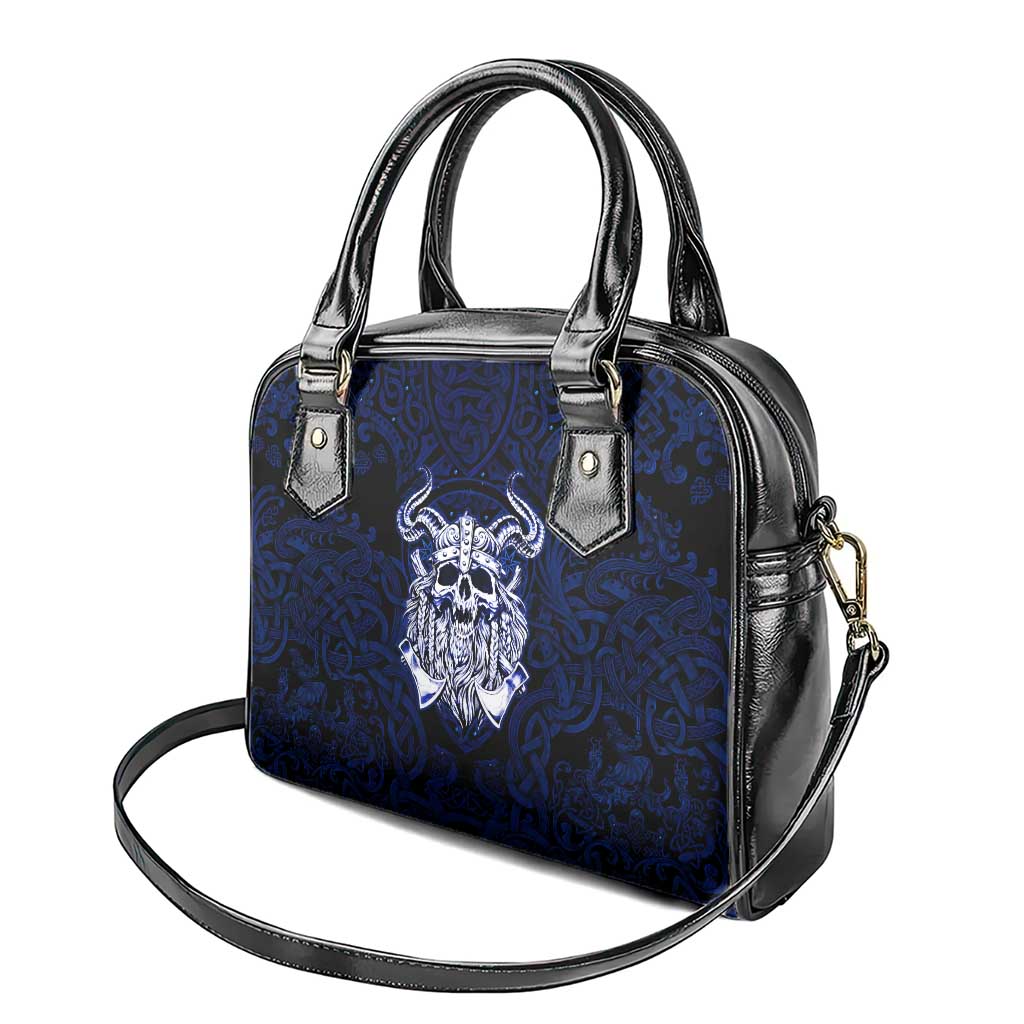 Vikings Skull Shoulder Handbag with Horned Helmet, Blue Axes and Runes Norse Warrior Tribute - Wonder Print Shop