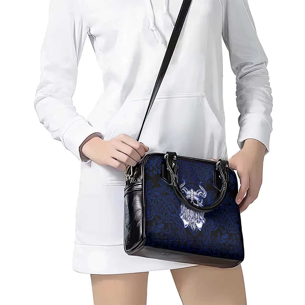 Vikings Skull Shoulder Handbag with Horned Helmet, Blue Axes and Runes Norse Warrior Tribute - Wonder Print Shop