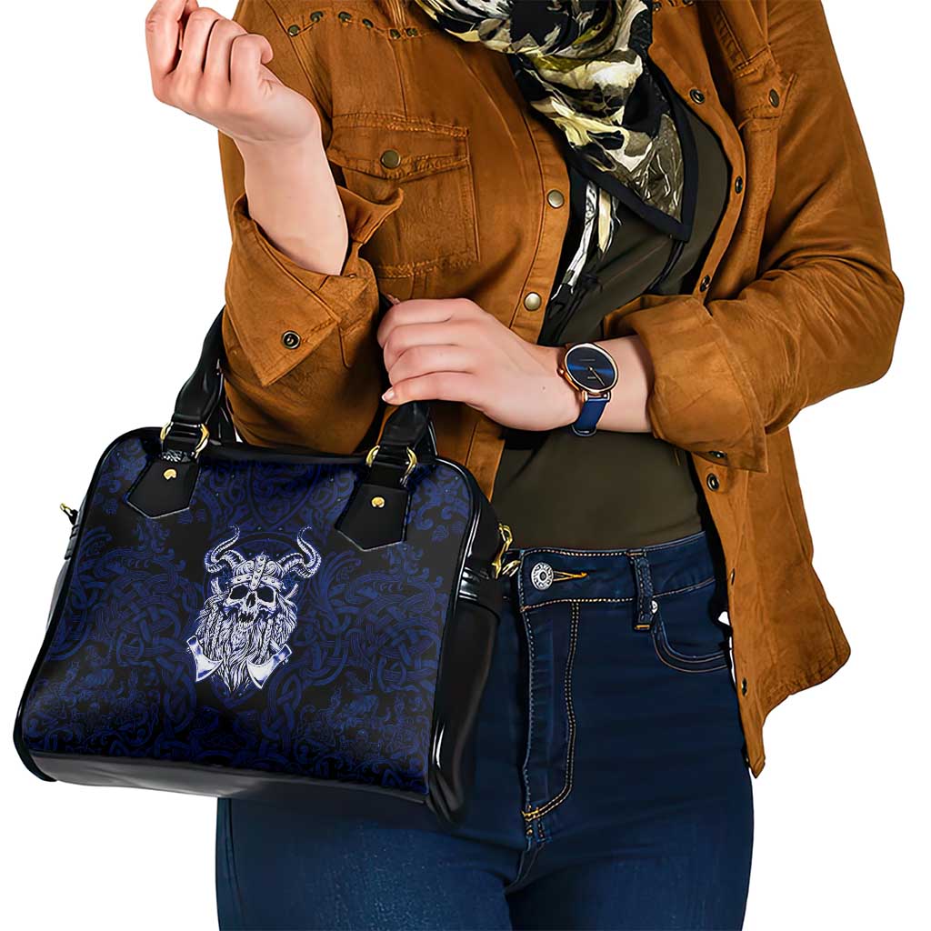 Vikings Skull Shoulder Handbag with Horned Helmet, Blue Axes and Runes Norse Warrior Tribute - Wonder Print Shop