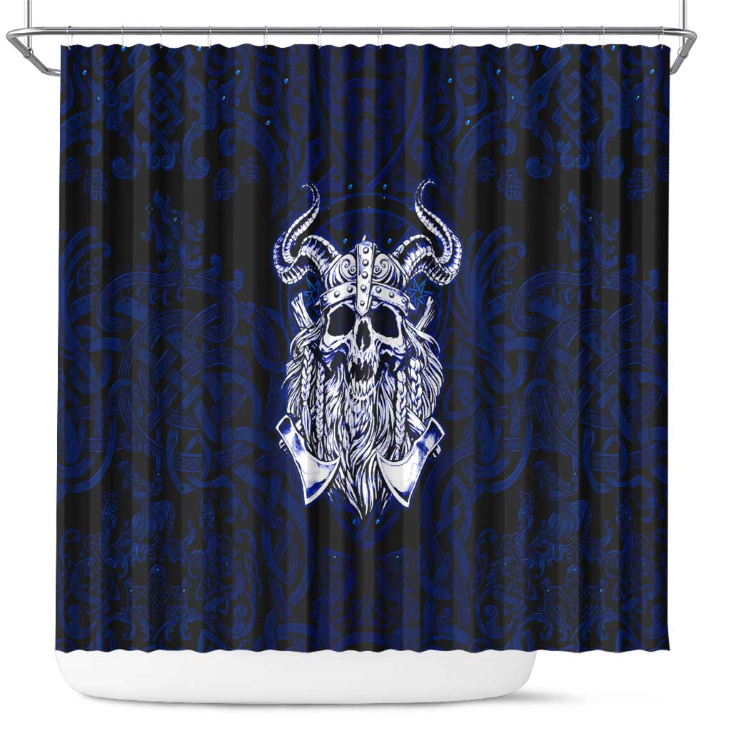 Vikings Skull Shower Curtain with Horned Helmet, Blue Axes and Runes Norse Warrior Tribute - Wonder Print Shop