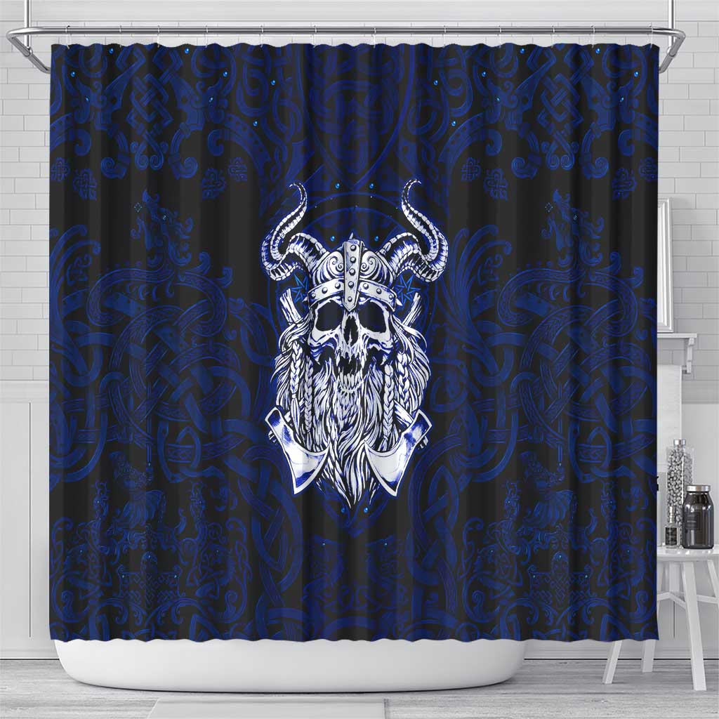 Vikings Skull Shower Curtain with Horned Helmet, Blue Axes and Runes Norse Warrior Tribute - Wonder Print Shop
