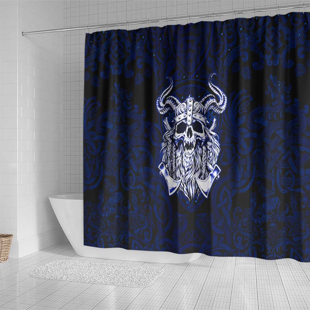 Vikings Skull Shower Curtain with Horned Helmet, Blue Axes and Runes Norse Warrior Tribute - Wonder Print Shop