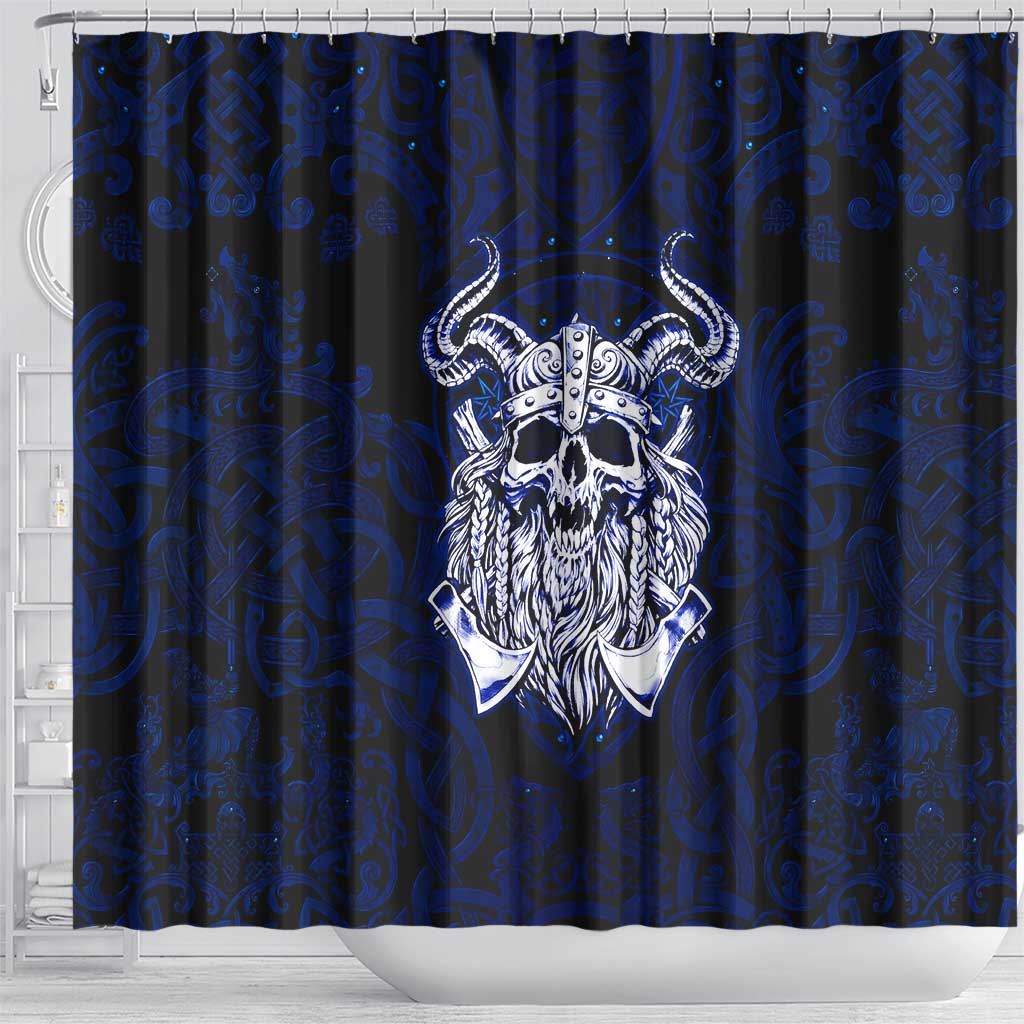 Vikings Skull Shower Curtain with Horned Helmet, Blue Axes and Runes Norse Warrior Tribute - Wonder Print Shop