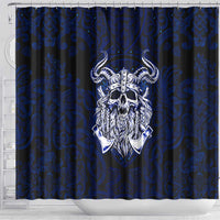 Vikings Skull Shower Curtain with Horned Helmet, Blue Axes and Runes Norse Warrior Tribute - Wonder Print Shop
