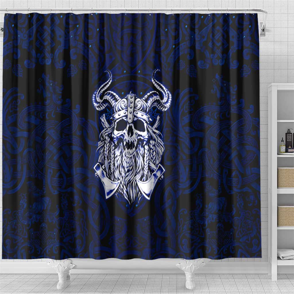 Vikings Skull Shower Curtain with Horned Helmet, Blue Axes and Runes Norse Warrior Tribute - Wonder Print Shop