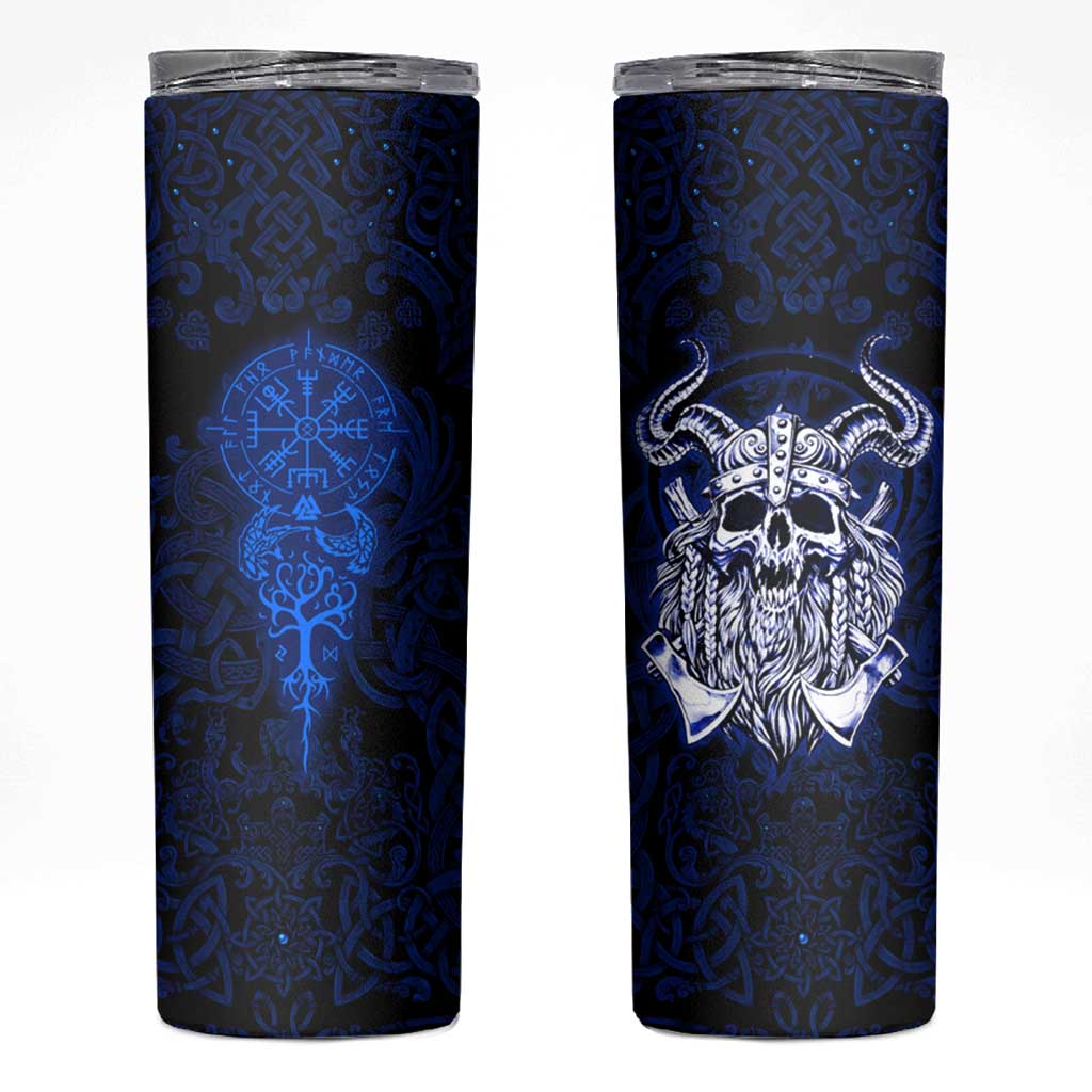 Vikings Skull Skinny Tumbler with Horned Helmet, Blue Axes and Runes Norse Warrior Tribute - Wonder Print Shop