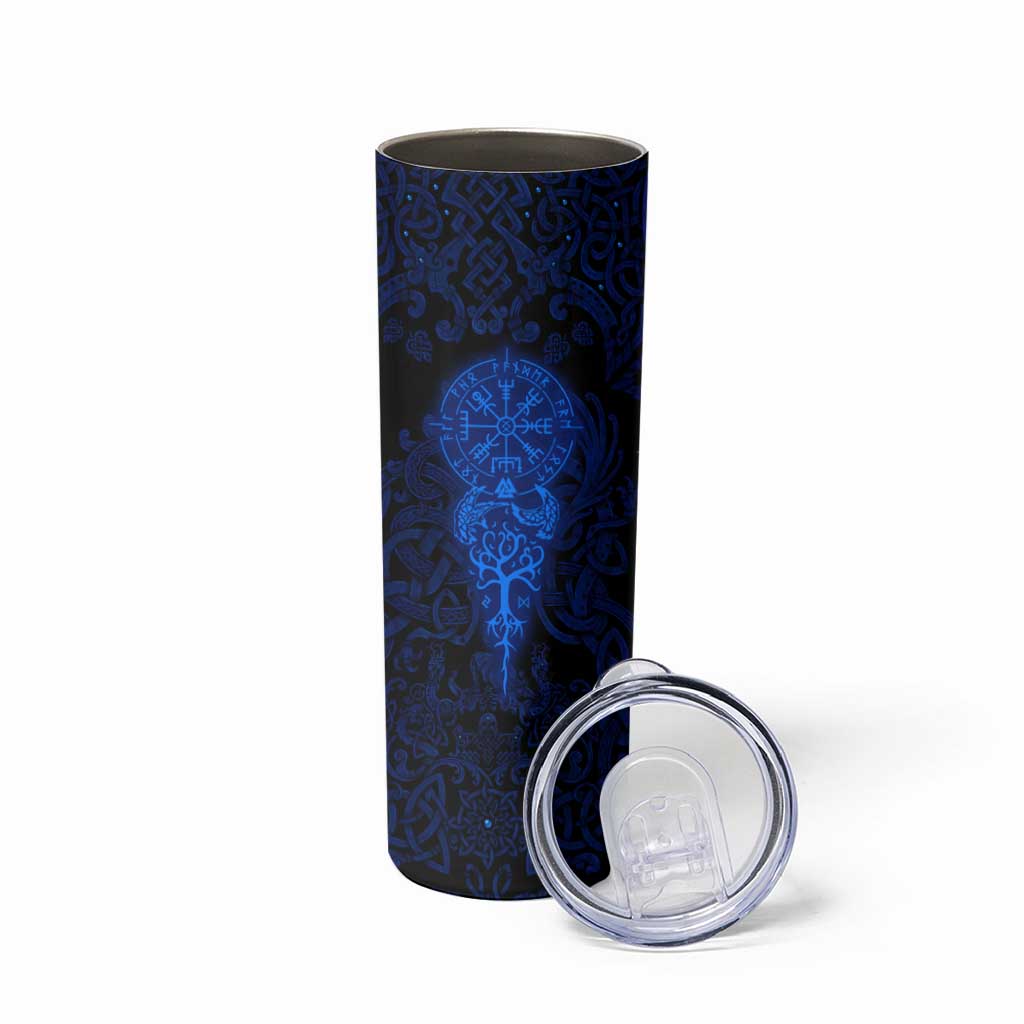 Vikings Skull Skinny Tumbler with Horned Helmet, Blue Axes and Runes Norse Warrior Tribute - Wonder Print Shop