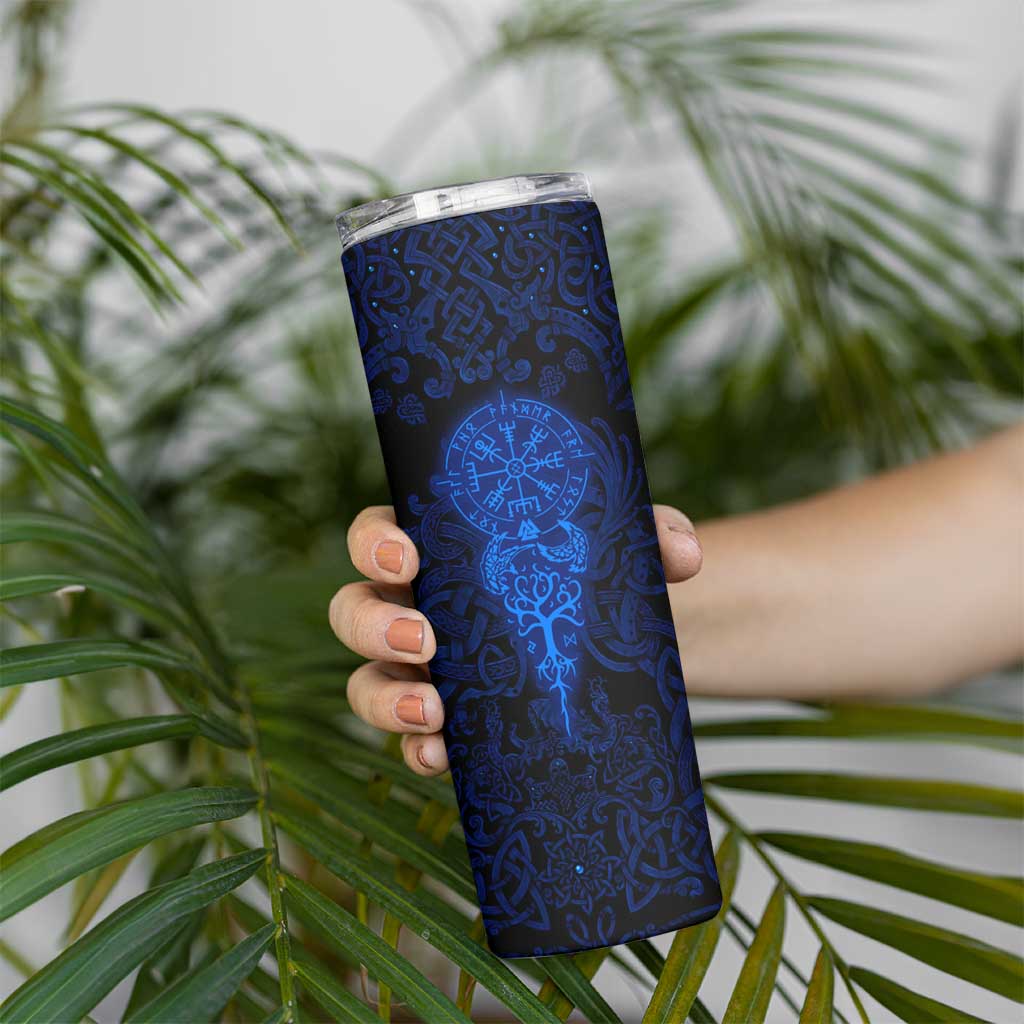 Vikings Skull Skinny Tumbler with Horned Helmet, Blue Axes and Runes Norse Warrior Tribute - Wonder Print Shop