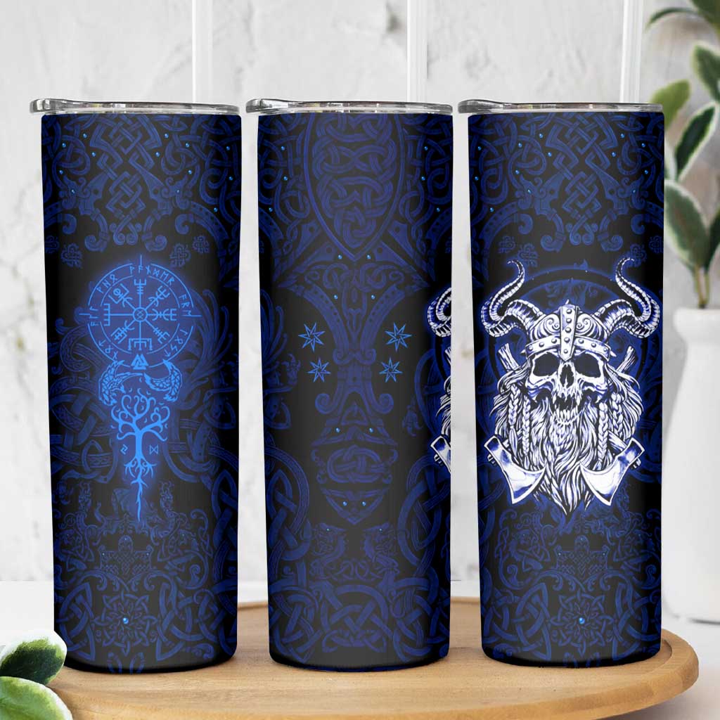 Vikings Skull Skinny Tumbler with Horned Helmet, Blue Axes and Runes Norse Warrior Tribute - Wonder Print Shop