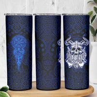 Vikings Skull Skinny Tumbler with Horned Helmet, Blue Axes and Runes Norse Warrior Tribute - Wonder Print Shop