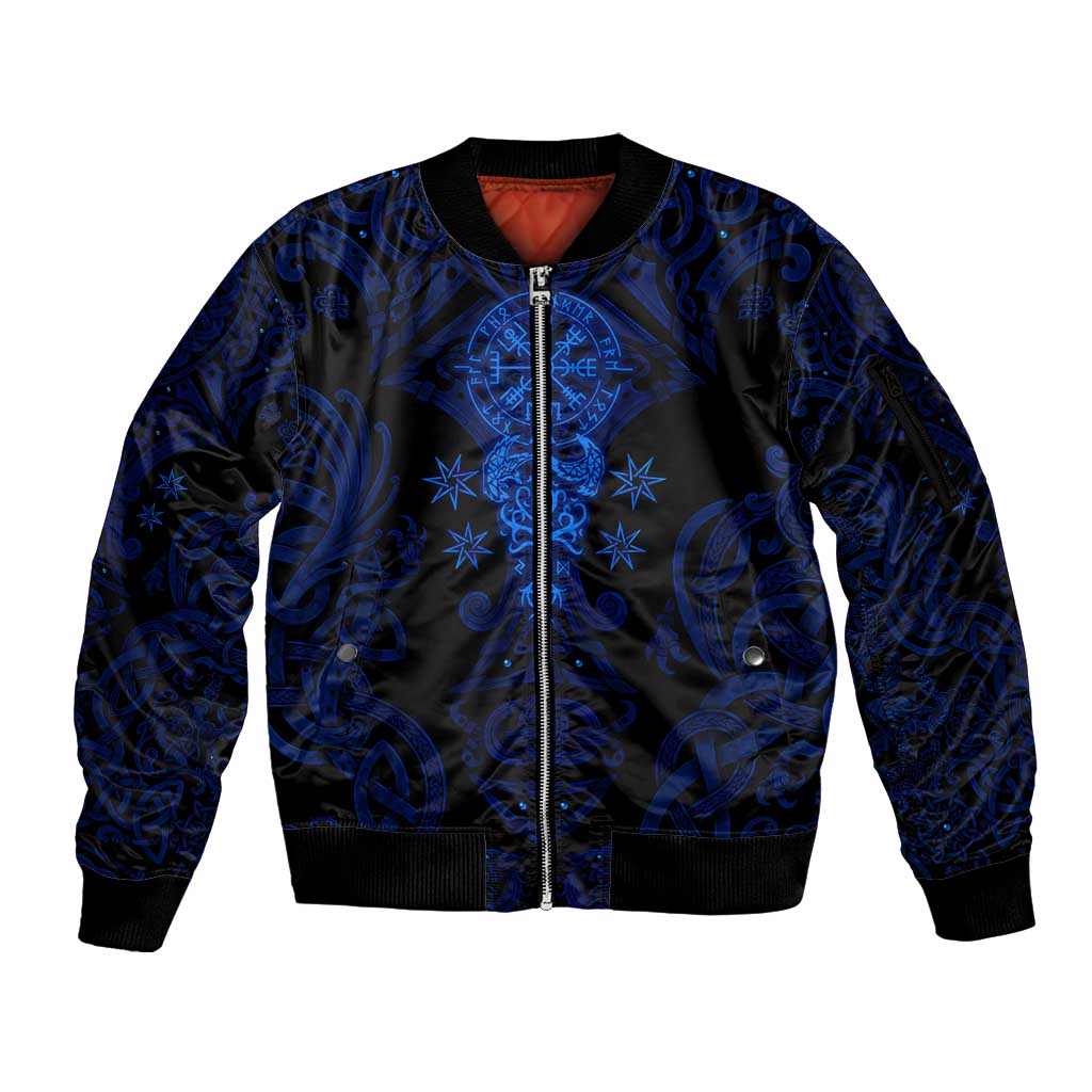 Vikings Skull Sleeve Zip Bomber Jacket with Horned Helmet, Blue Axes and Runes Norse Warrior Tribute - Wonder Print Shop