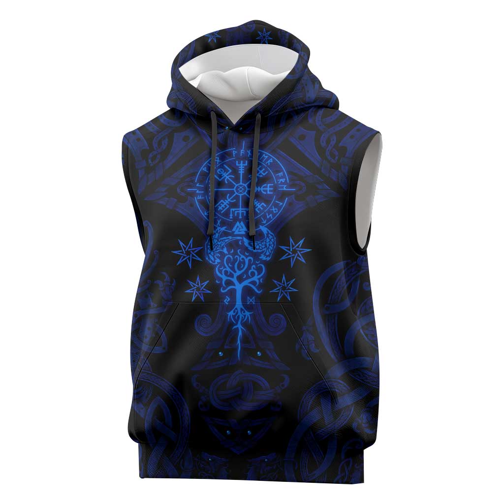 Vikings Skull Sleeveless Hoodie with Horned Helmet, Blue Axes and Runes Norse Warrior Tribute - Wonder Print Shop