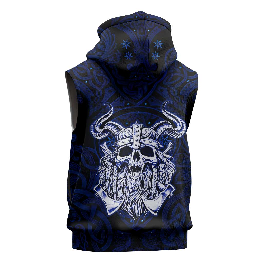 Vikings Skull Sleeveless Hoodie with Horned Helmet, Blue Axes and Runes Norse Warrior Tribute - Wonder Print Shop