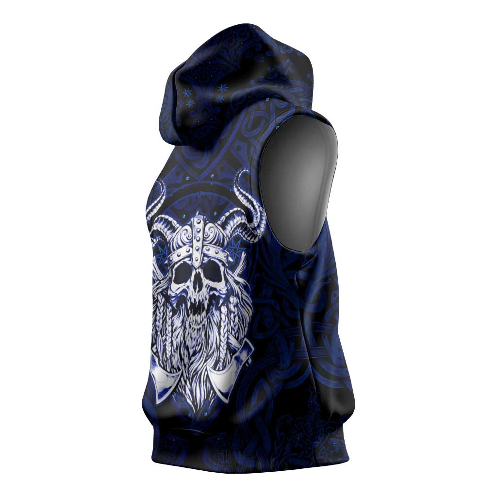 Vikings Skull Sleeveless Hoodie with Horned Helmet, Blue Axes and Runes Norse Warrior Tribute - Wonder Print Shop