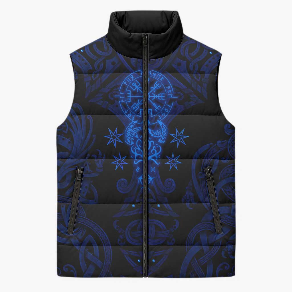 Vikings Skull Sleeveless Puffer Jacket with Horned Helmet, Blue Axes and Runes Norse Warrior Tribute - Wonder Print Shop