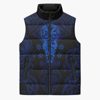 Vikings Skull Sleeveless Puffer Jacket with Horned Helmet, Blue Axes and Runes Norse Warrior Tribute - Wonder Print Shop