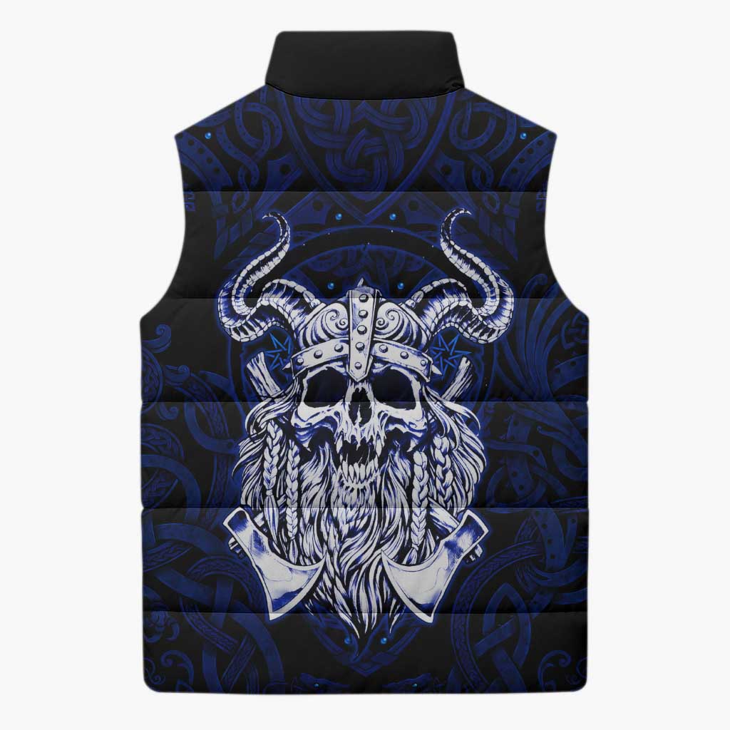 Vikings Skull Sleeveless Puffer Jacket with Horned Helmet, Blue Axes and Runes Norse Warrior Tribute - Wonder Print Shop