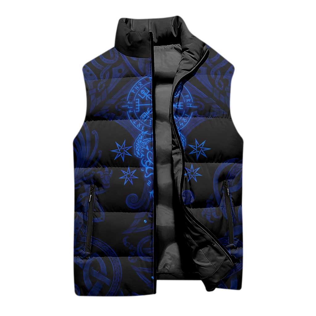 Vikings Skull Sleeveless Puffer Jacket with Horned Helmet, Blue Axes and Runes Norse Warrior Tribute - Wonder Print Shop