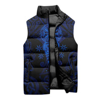Vikings Skull Sleeveless Puffer Jacket with Horned Helmet, Blue Axes and Runes Norse Warrior Tribute - Wonder Print Shop