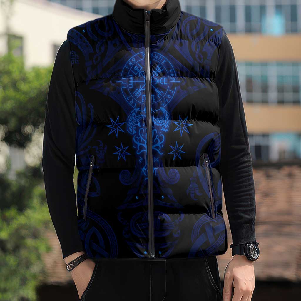 Vikings Skull Sleeveless Puffer Jacket with Horned Helmet, Blue Axes and Runes Norse Warrior Tribute - Wonder Print Shop