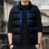 Vikings Skull Sleeveless Puffer Jacket with Horned Helmet, Blue Axes and Runes Norse Warrior Tribute - Wonder Print Shop