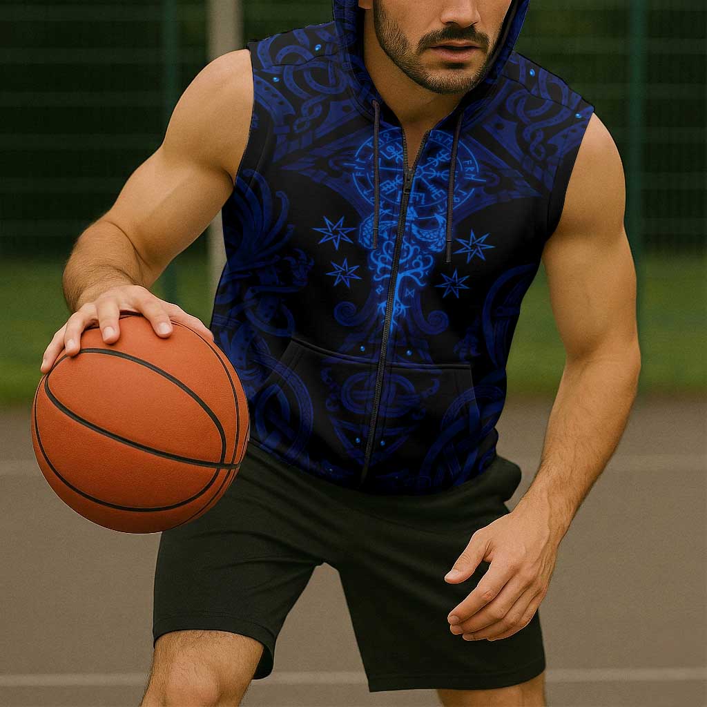 Vikings Skull Sleeveless Zip Hoodie with Horned Helmet, Blue Axes and Runes Norse Warrior Tribute - Wonder Print Shop