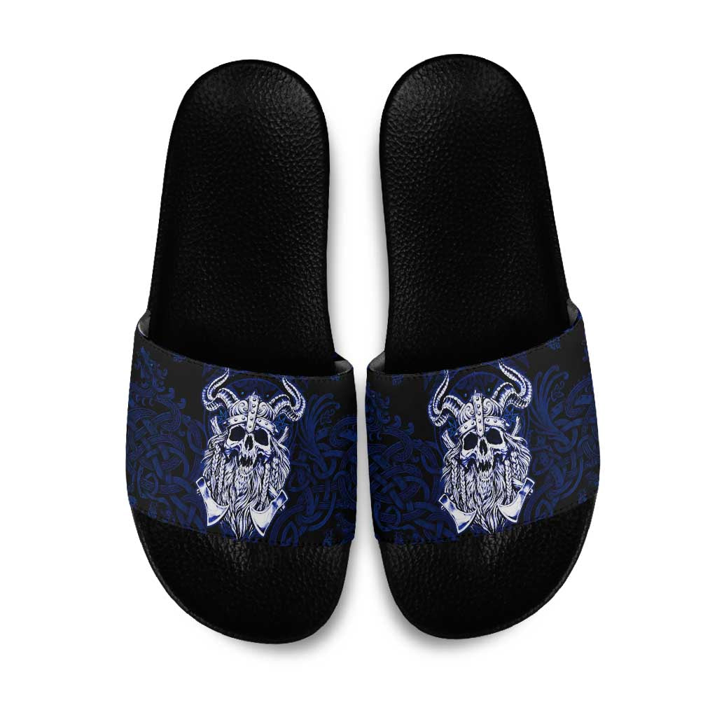 Vikings Skull Slide Sandals with Horned Helmet, Blue Axes and Runes Norse Warrior Tribute - Wonder Print Shop