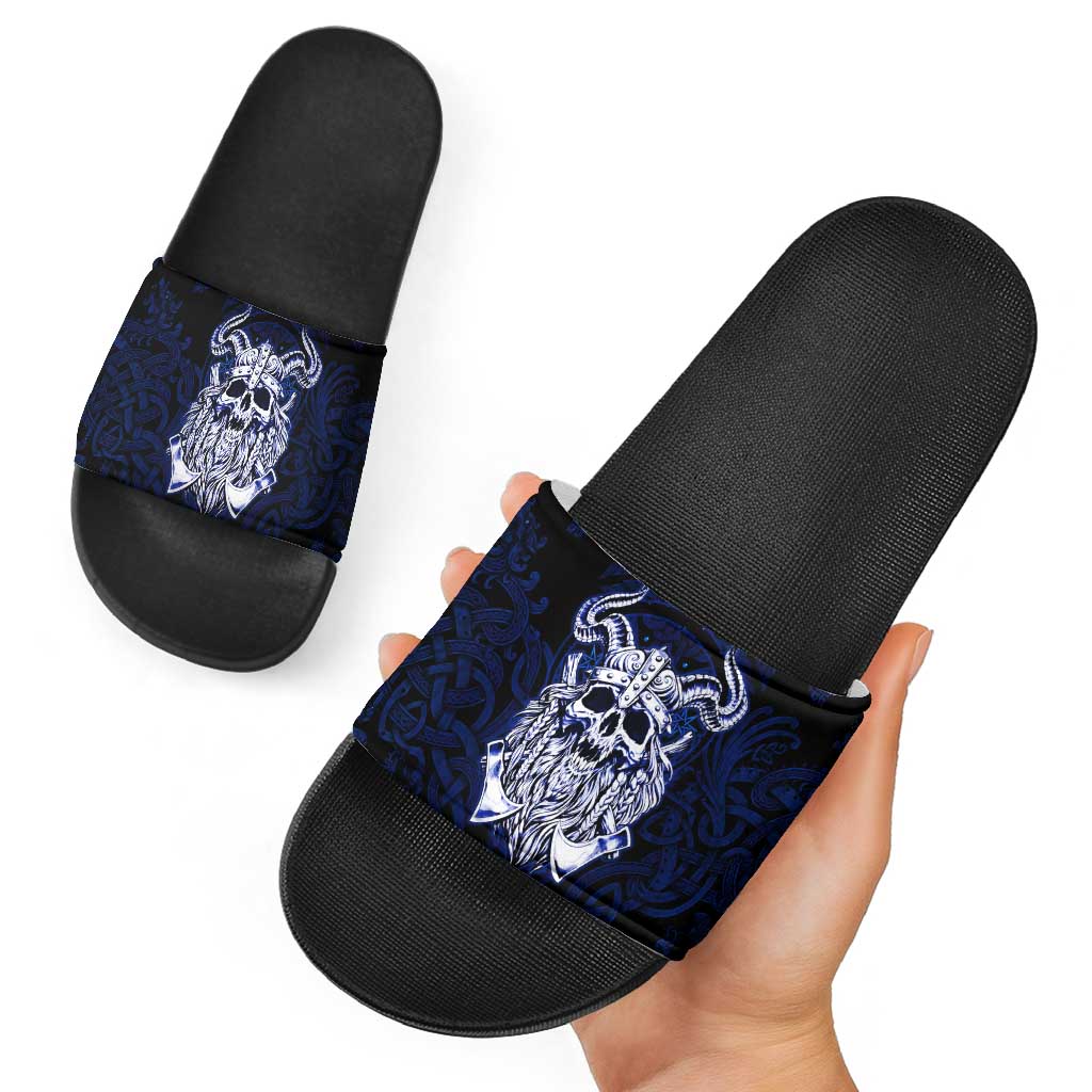 Vikings Skull Slide Sandals with Horned Helmet, Blue Axes and Runes Norse Warrior Tribute - Wonder Print Shop