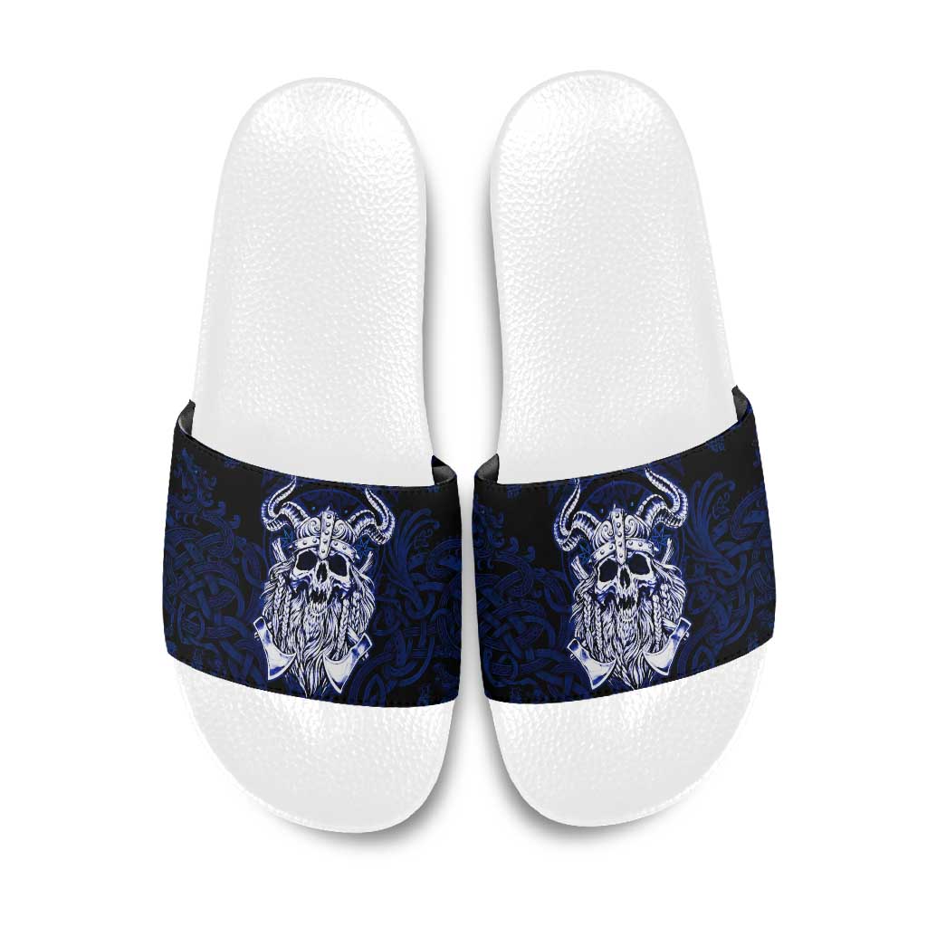 Vikings Skull Slide Sandals with Horned Helmet, Blue Axes and Runes Norse Warrior Tribute - Wonder Print Shop