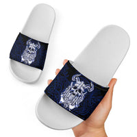 Vikings Skull Slide Sandals with Horned Helmet, Blue Axes and Runes Norse Warrior Tribute - Wonder Print Shop