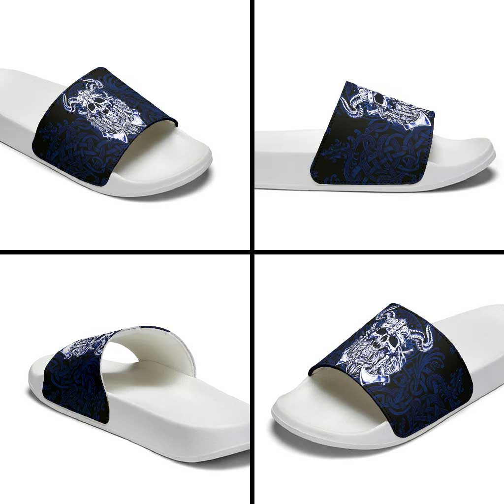 Vikings Skull Slide Sandals with Horned Helmet, Blue Axes and Runes Norse Warrior Tribute - Wonder Print Shop