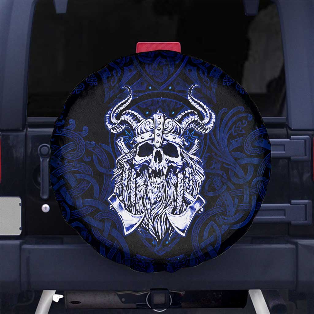 Vikings Skull Spare Tire Cover with Horned Helmet, Blue Axes and Runes Norse Warrior Tribute - Wonder Print Shop