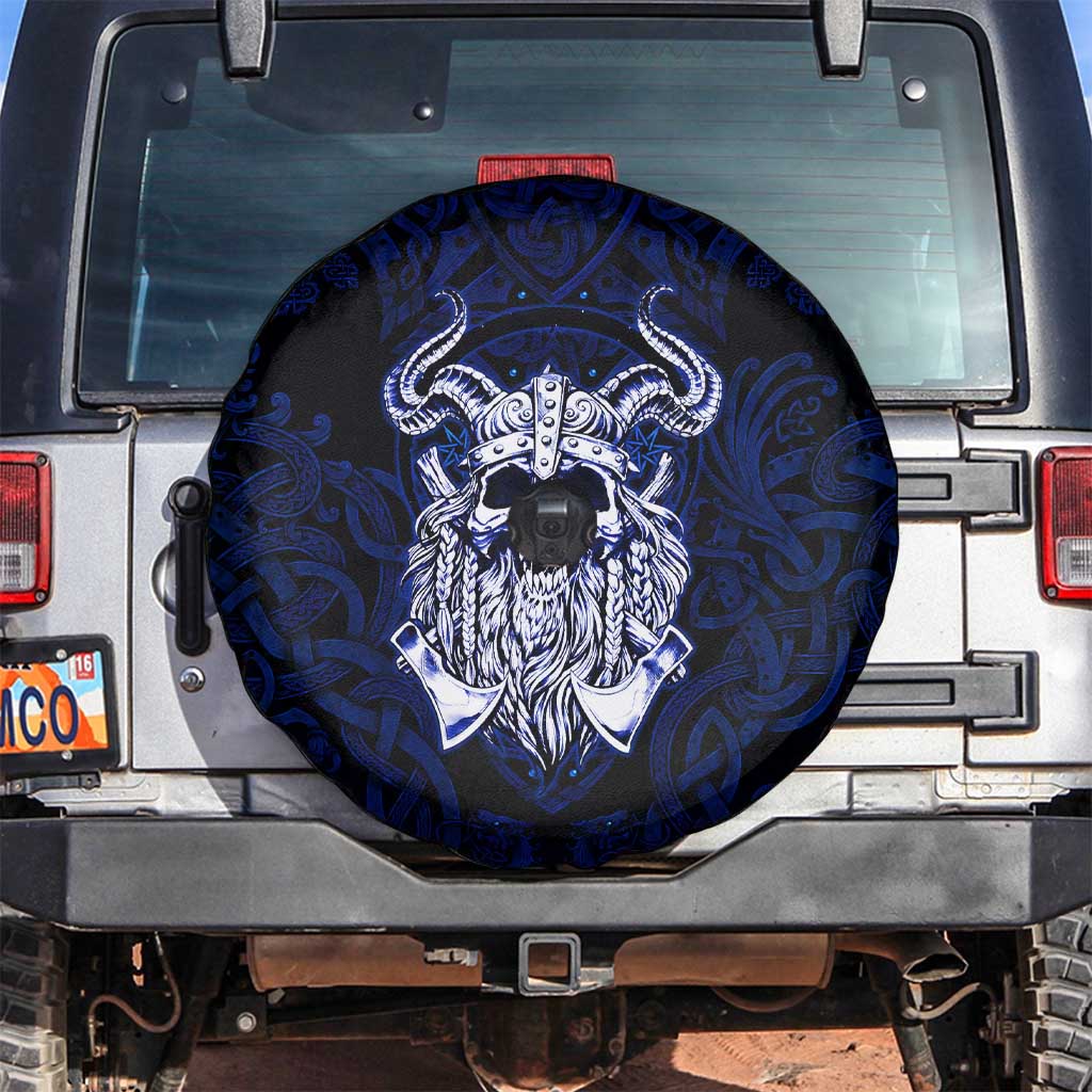 Vikings Skull Spare Tire Cover with Horned Helmet, Blue Axes and Runes Norse Warrior Tribute - Wonder Print Shop