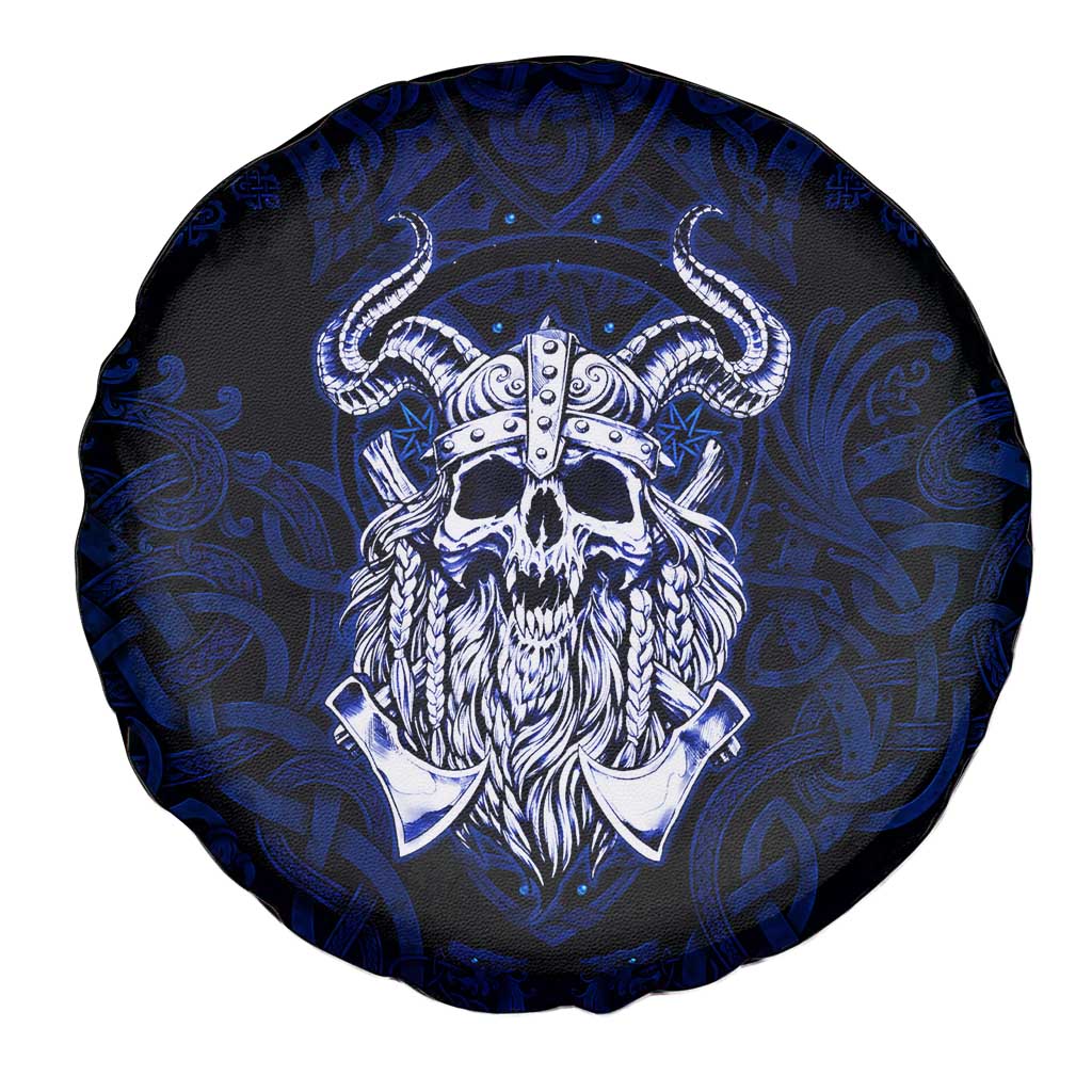 Vikings Skull Spare Tire Cover with Horned Helmet, Blue Axes and Runes Norse Warrior Tribute - Wonder Print Shop