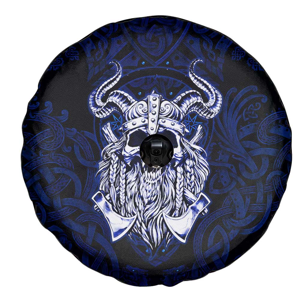 Vikings Skull Spare Tire Cover with Horned Helmet, Blue Axes and Runes Norse Warrior Tribute - Wonder Print Shop
